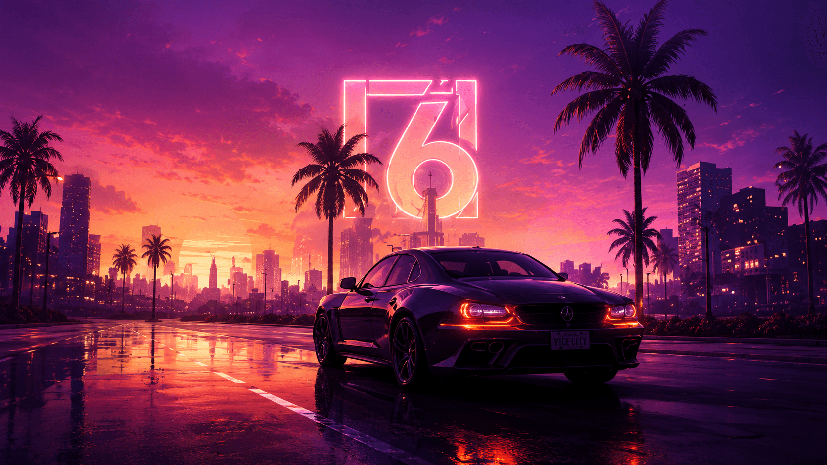 Stylised neon sunset city scene with a sports car, created as editorial artwork for GTA 6 coverage.